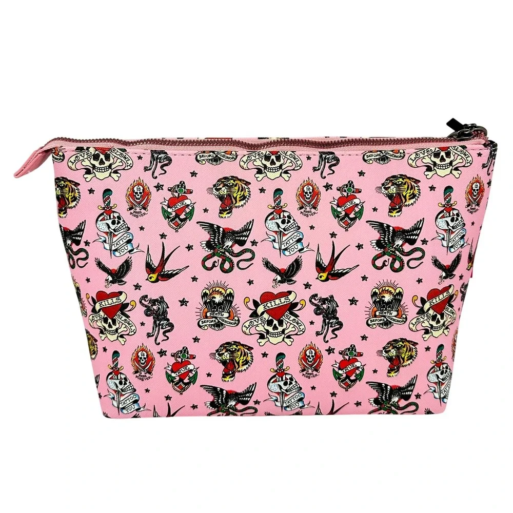 Ed Hardy Pink Tattoo Print Makeup Bag Skulls Tigers Pouch NWT